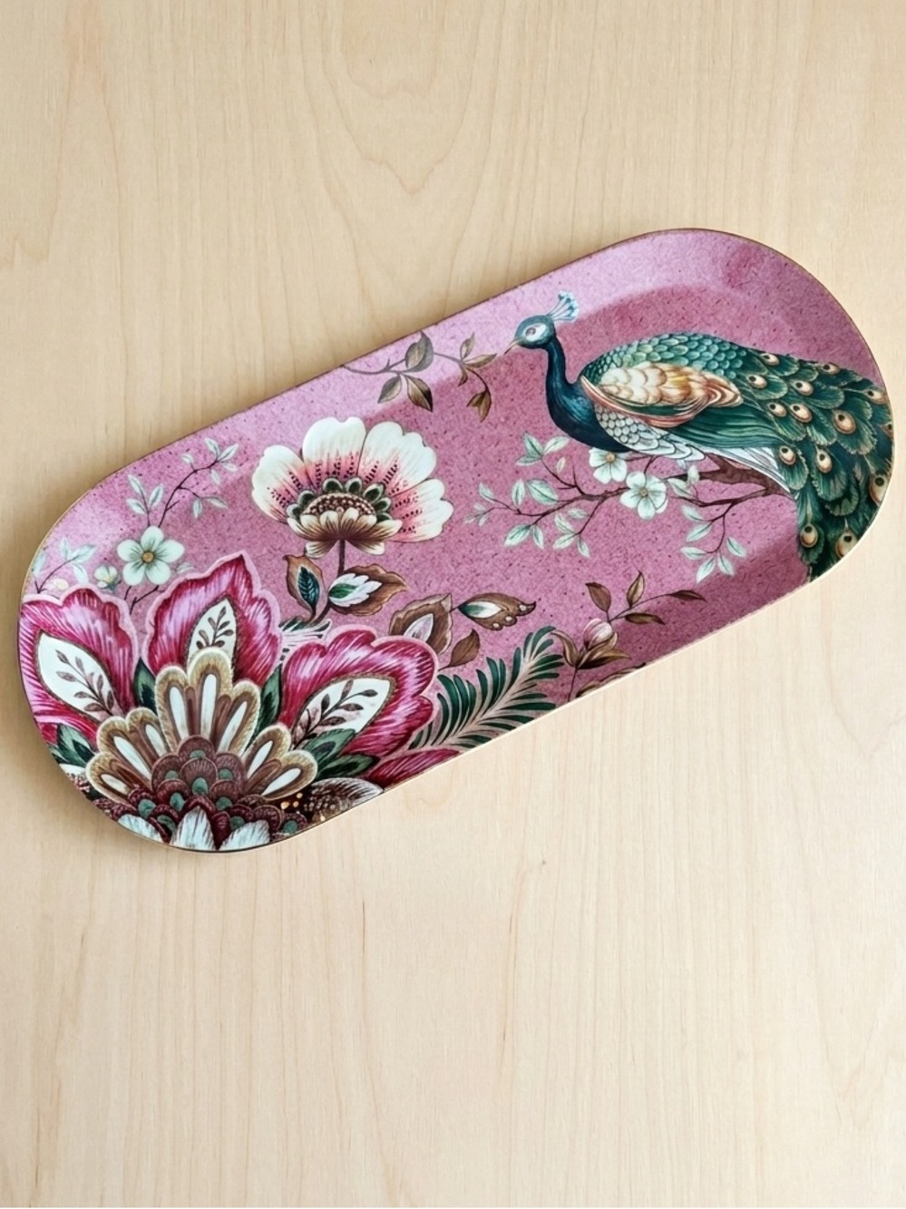 Grace TeaWare Speckled Pink Peacock Lotus Garden Porcelain Serving Tray 13”